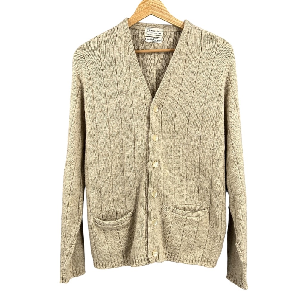 Vintage‎ Sears Mens Shetland Wool Blend Cardigan Oatmeal USA Made Size L